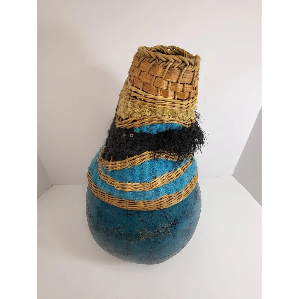 Handmade Mixed Media Gourd Vase Woven Wicker Textile Teal Blue Boho Decor 12in